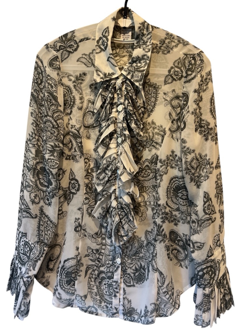 Cabi Sheer Paisley Ruffle Blouse Romantic Statement Top Long Sleeve